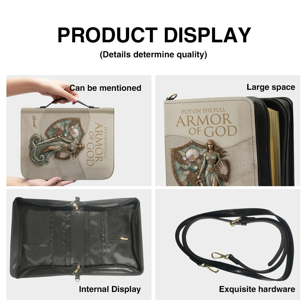 Personalized Leather Bible Cover Featuring Full Armor of God Design with Custom Name and Shoulder Strap by CHRISTIANARTBAG CAB016426