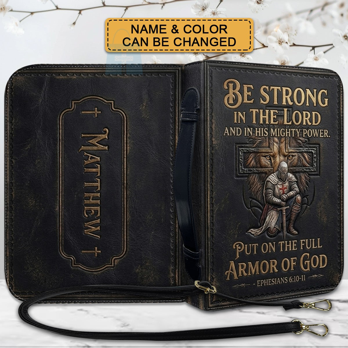 Personalized Bible Cover for Men - Armor of God Leather Case with Handle, Custom Name - CHRISTIANARTBAG 01081826