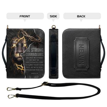 Personalized Lion Bible Cover with Name - Be Strong and Courageous Custom Leather Bible Carrying Bag Case for Men - CHRISTIANARTBAG 01081826