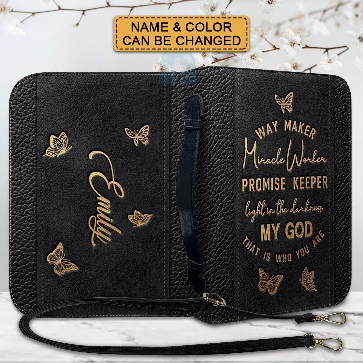Personalized Leather Bible Cover with Strap & Handle – Way Maker Miracle Worker Custom Name & Scripture Butterfly Bible Case for Women – CHRISTIANARTBAG 01082126