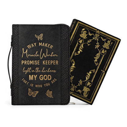 Personalized Leather Bible Cover with Strap & Handle – Way Maker Miracle Worker Custom Name & Scripture Butterfly Bible Case for Women – CHRISTIANARTBAG 01082126