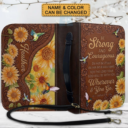 Personalized Bible Cover with Name & Verse - Sunflower Hummingbird Leather Bible Case, Be Strong Joshua 1:9 Christian Gift - CHRISTIANARTBAG 01082326
