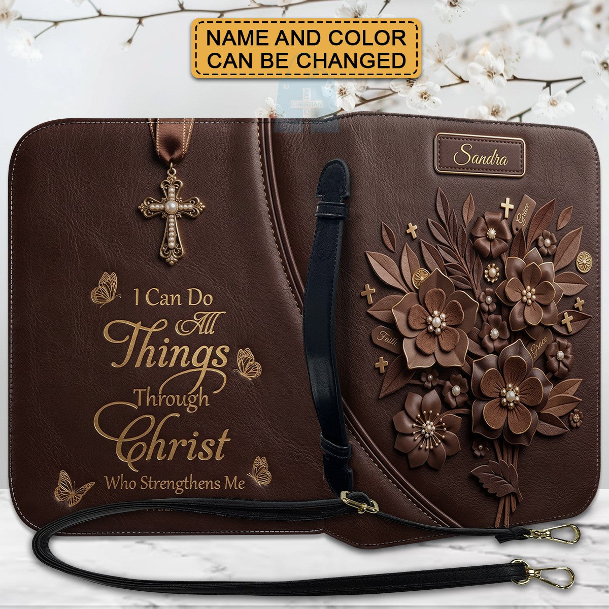 Personalized Bible Cover Case with Handle & Strap, Custom Leather Bible Bag with Name & Scripture - CHRISTIANARTBAG 01080226