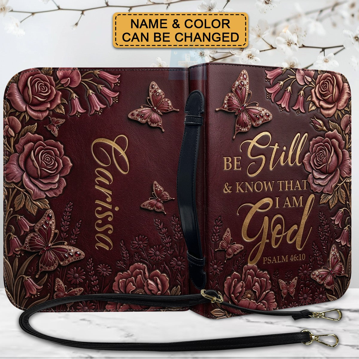 Personalized Bible Cover Case with Handle & Strap, Custom Name & Color Floral Butterfly Bible Carrying Bag, Psalm 46:10 Gift for Women - CHRISTIANARTBAG CAB01092826