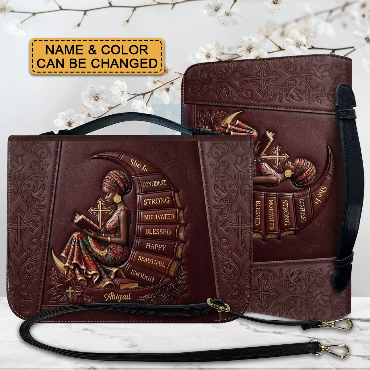 Personalized Bible Cover for Women, Custom Name Leather Bible Bag with Strap - CHRISTIANARTBAG CAB01100126