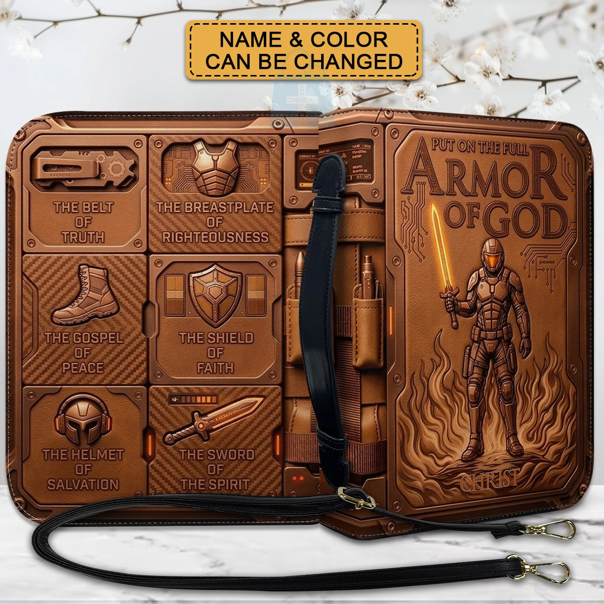 Personalized Bible Cover Armor of God | Custom Name Leather Bible Case with Handle | Christian Gift for Men Women | CHRISTIANARTBAG BLACK02060926