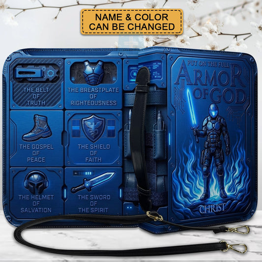 Personalized Bible Cover Cobalt Blue Armor of God | Custom Name Leather Bible Case with Handle | Christian Gift for Men Women | CHRISTIANARTBAG 01061826