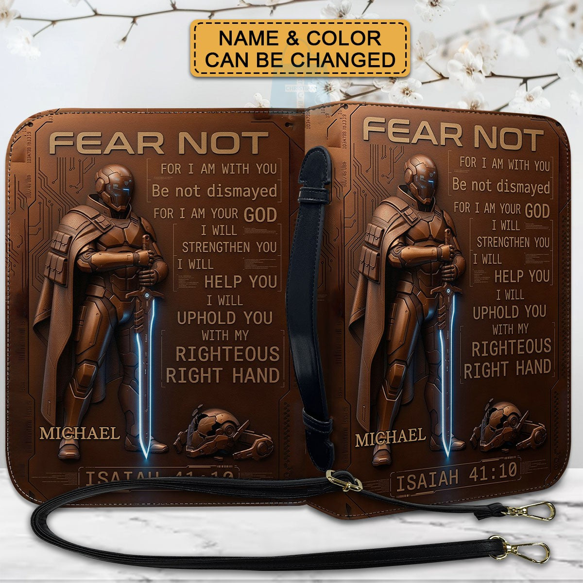 Personalized Tech Minimalism Bible Cover by CHRISTIANARTBAG | Custom Name Sci-Fi Armor Case with Isaiah 41:10 Fear Not Verse CAB01062426