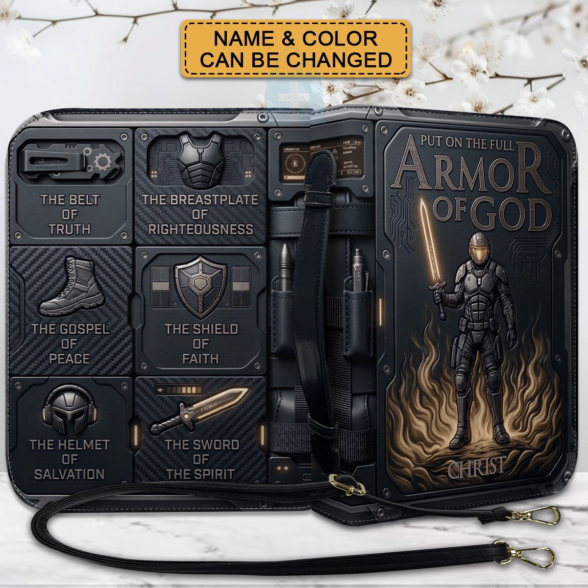 Personalized Bible Cover Armor of God | Custom Name Leather Bible Case with Handle | Christian Gift for Men Women | CHRISTIANARTBAG BLACK02060926