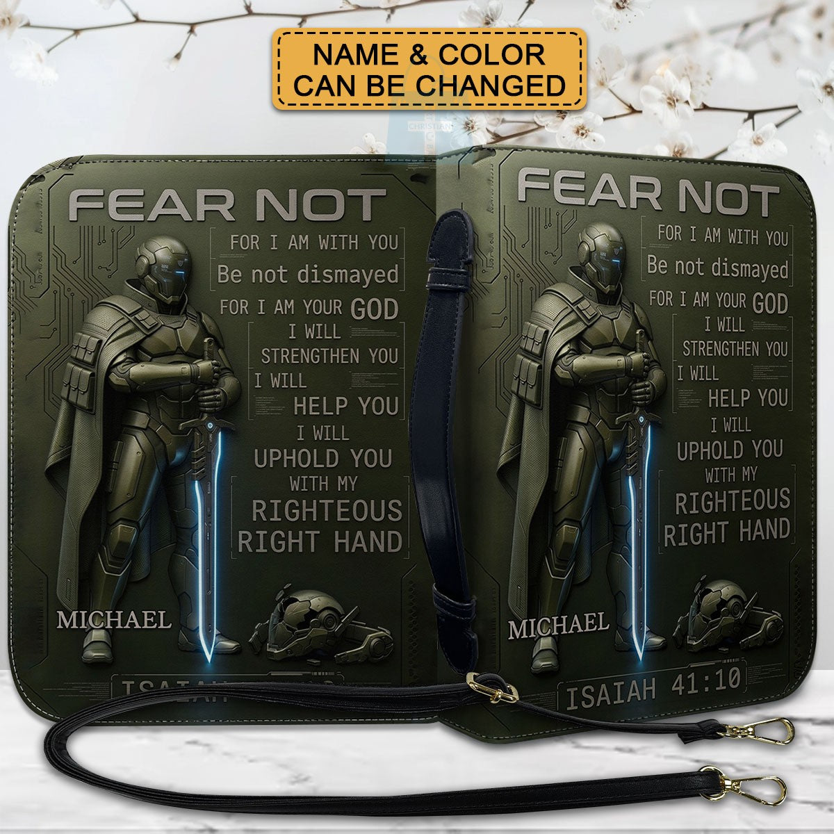 Personalized Tech Minimalism Bible Cover by CHRISTIANARTBAG | Custom Name Sci-Fi Armor Case with Isaiah 41:10 Fear Not Verse CAB01062426
