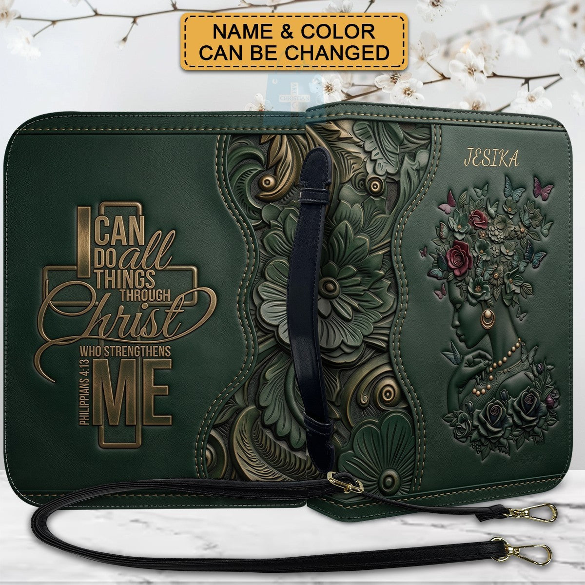Personalized Leather Bible Cover with Strap - "I Can Do All Things Through Christ" Philippians 4:13, Custom Name Floral Artwork Case by CHRISTIANARTBAG 01082426