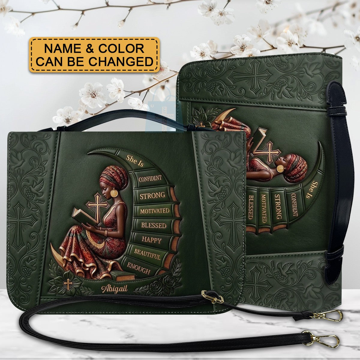Personalized Bible Cover for Women, Custom Name Leather Bible Bag with Strap - CHRISTIANARTBAG CAB01100126