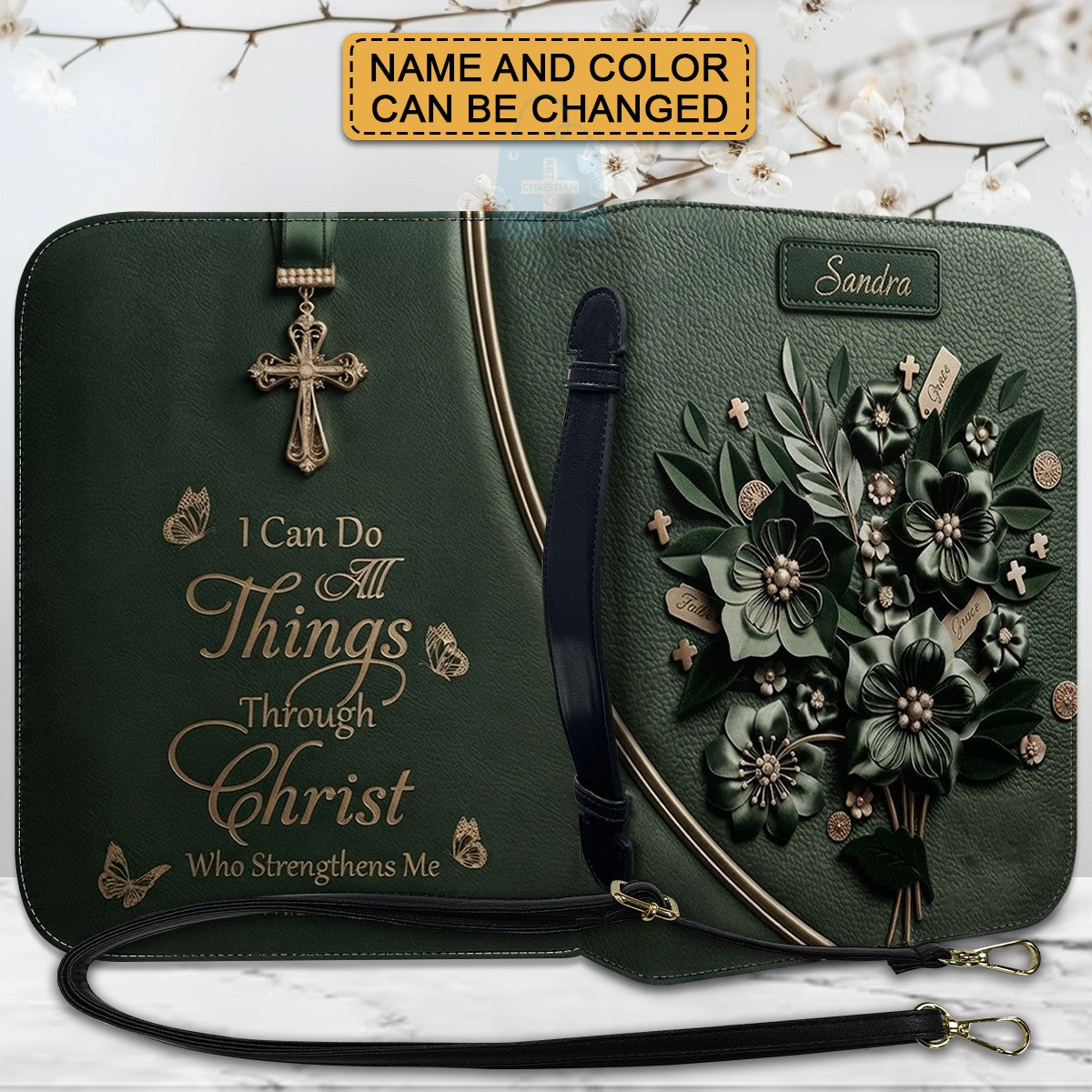 Personalized Bible Cover Case with Handle & Strap, Custom Leather Bible Bag with Name & Scripture - CHRISTIANARTBAG 01080226