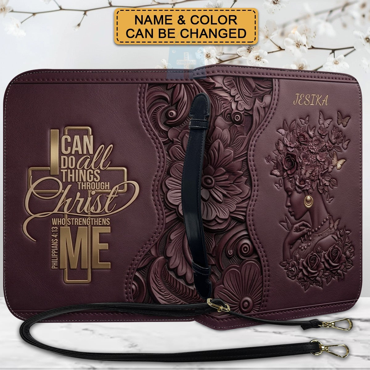 Personalized Leather Bible Cover with Strap - "I Can Do All Things Through Christ" Philippians 4:13, Custom Name Floral Artwork Case by CHRISTIANARTBAG 01082426