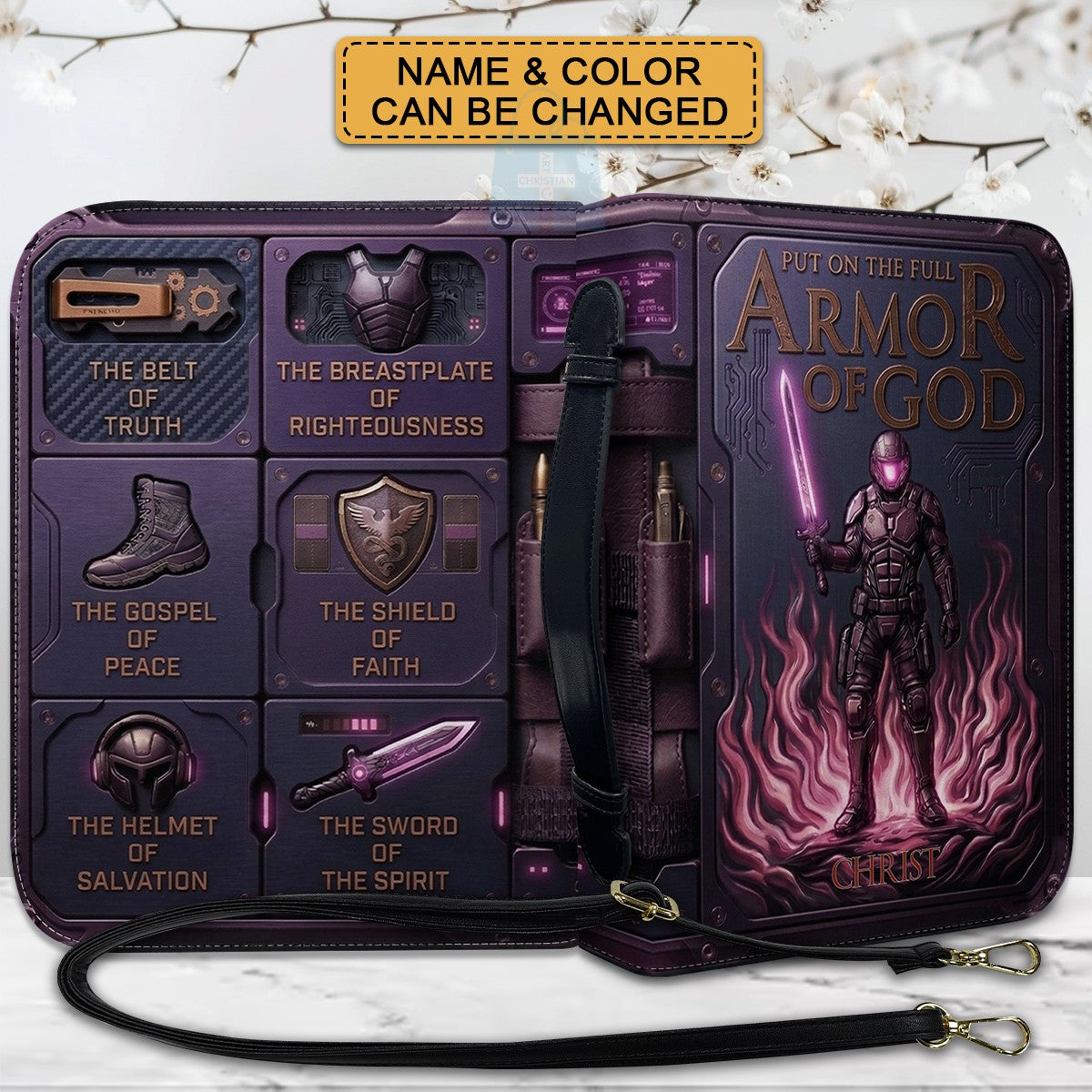 Personalized Bible Cover Armor of God | Custom Name Leather Bible Case with Handle | Christian Gift for Men Women | CHRISTIANARTBAG BLACK02060926