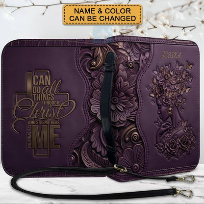 Personalized Leather Bible Cover with Strap - "I Can Do All Things Through Christ" Philippians 4:13, Custom Name Floral Artwork Case by CHRISTIANARTBAG 01082426