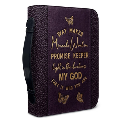 Personalized Leather Bible Cover with Strap & Handle – Way Maker Miracle Worker Custom Name & Scripture Butterfly Bible Case for Women – CHRISTIANARTBAG 01082126