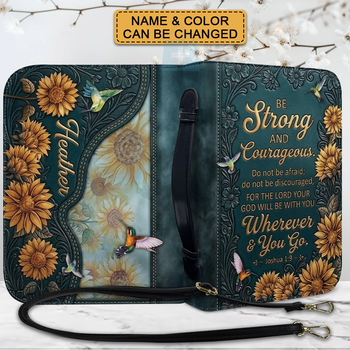 Personalized Bible Cover with Name & Verse - Sunflower Hummingbird Leather Bible Case, Be Strong Joshua 1:9 Christian Gift - CHRISTIANARTBAG 01082326