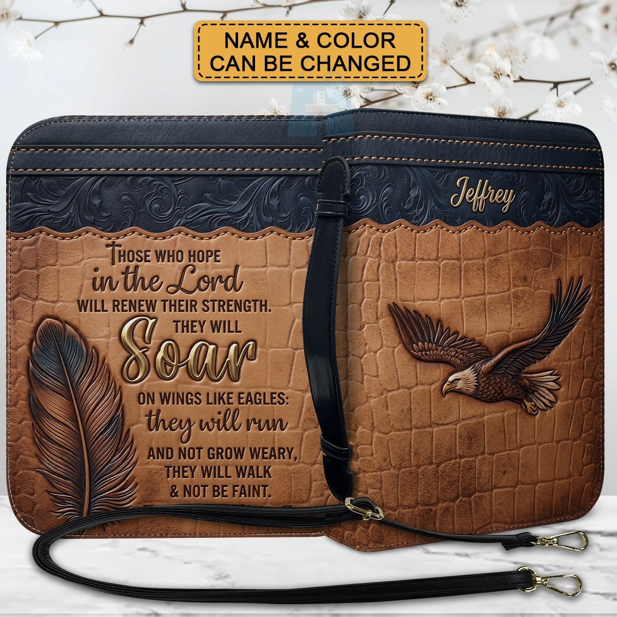 Personalized Bible Cover with Strap by CHRISTIANARTBAG - Custom Engraved Name & Isaiah 40:31 Eagle Design