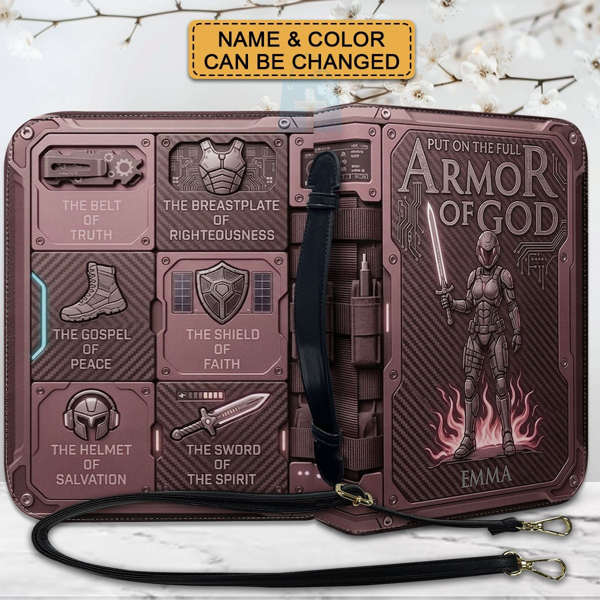 CHRISTIANARTBAG Personalized Bible Cover for Women - Custom Leather Bible Case with Handle & Zipper, Luxury Christian Gifts for Her, Floral Armor of God Protective Book Sleeve CAB01061526
