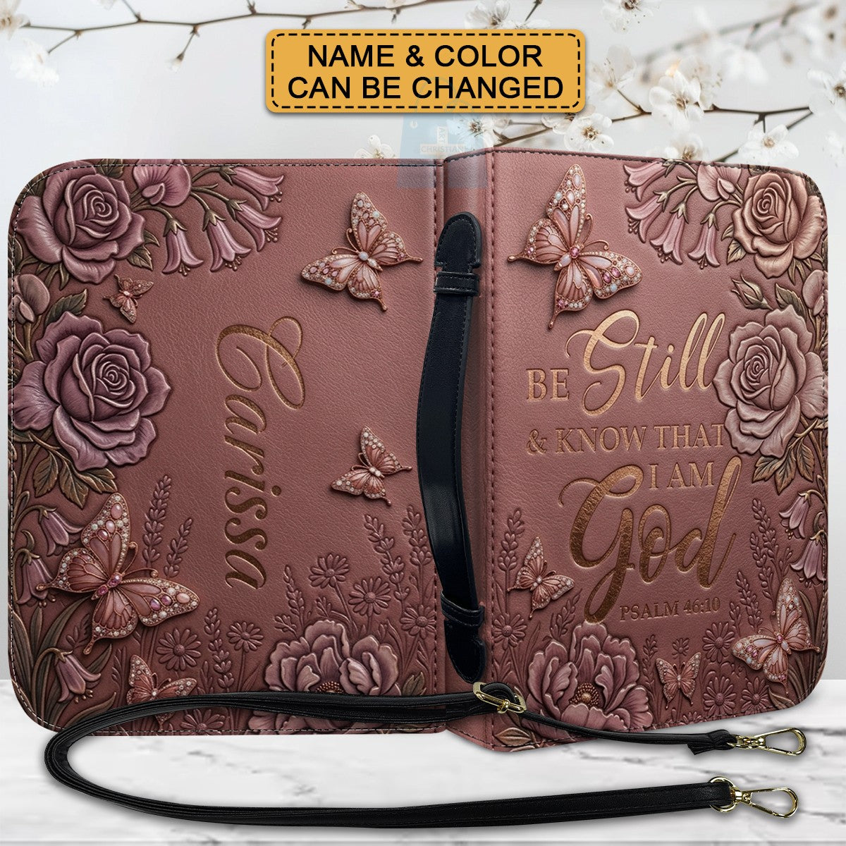 Personalized Bible Cover Case with Handle & Strap, Custom Name & Color Floral Butterfly Bible Carrying Bag, Psalm 46:10 Gift for Women - CHRISTIANARTBAG CAB01092826