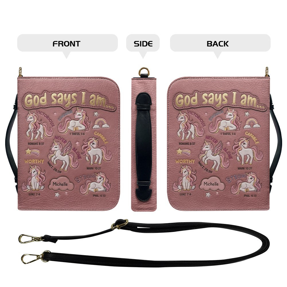 Personalized Bible Cover Carrying Bag with Handle & Strap, God Says I Am Unicorn Custom Name Bible Case - CHRISTIANARTBAG 01092426