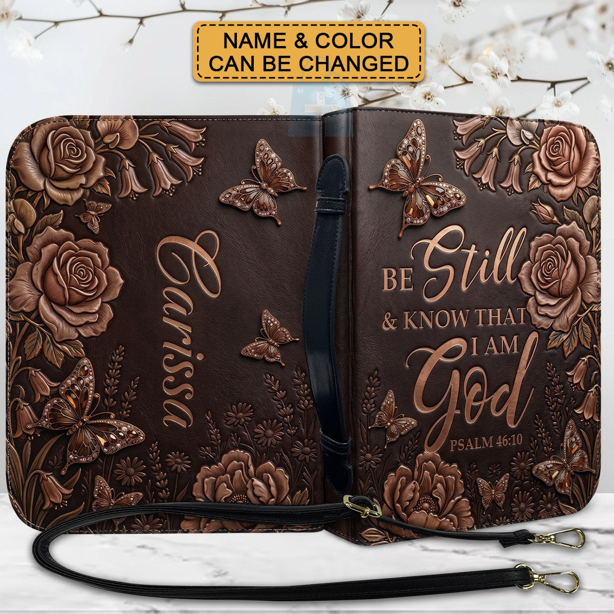 Personalized Bible Cover Case with Handle & Strap, Custom Name & Color Floral Butterfly Bible Carrying Bag, Psalm 46:10 Gift for Women - CHRISTIANARTBAG CAB01092826