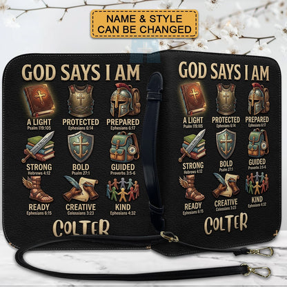 Personalized God Says I Am Kids Bible Cover | Custom Name Boy Bible Case, Premium Vegan Leather, Construction Truck Christian Gift CAB0171726