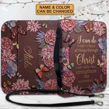 CHRISTIANARTBAG Personalized Leather Handbag - Custom Name & Color Floral Christian Bible Cover Crossbody Purse with Philippians 4:13 Scripture CAB01092526