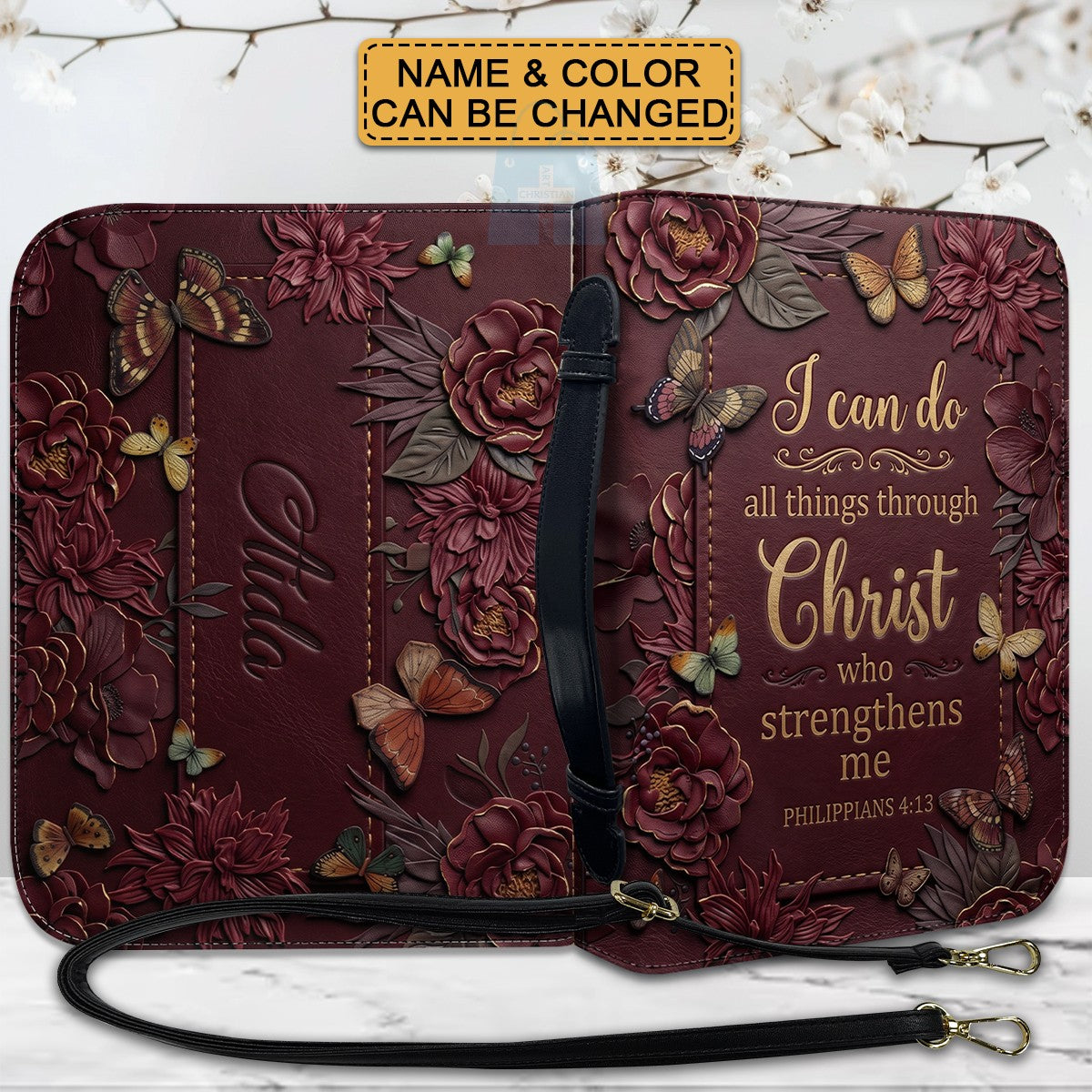 CHRISTIANARTBAG Personalized Leather Handbag - Custom Name & Color Floral Christian Bible Cover Crossbody Purse with Philippians 4:13 Scripture CAB01092526