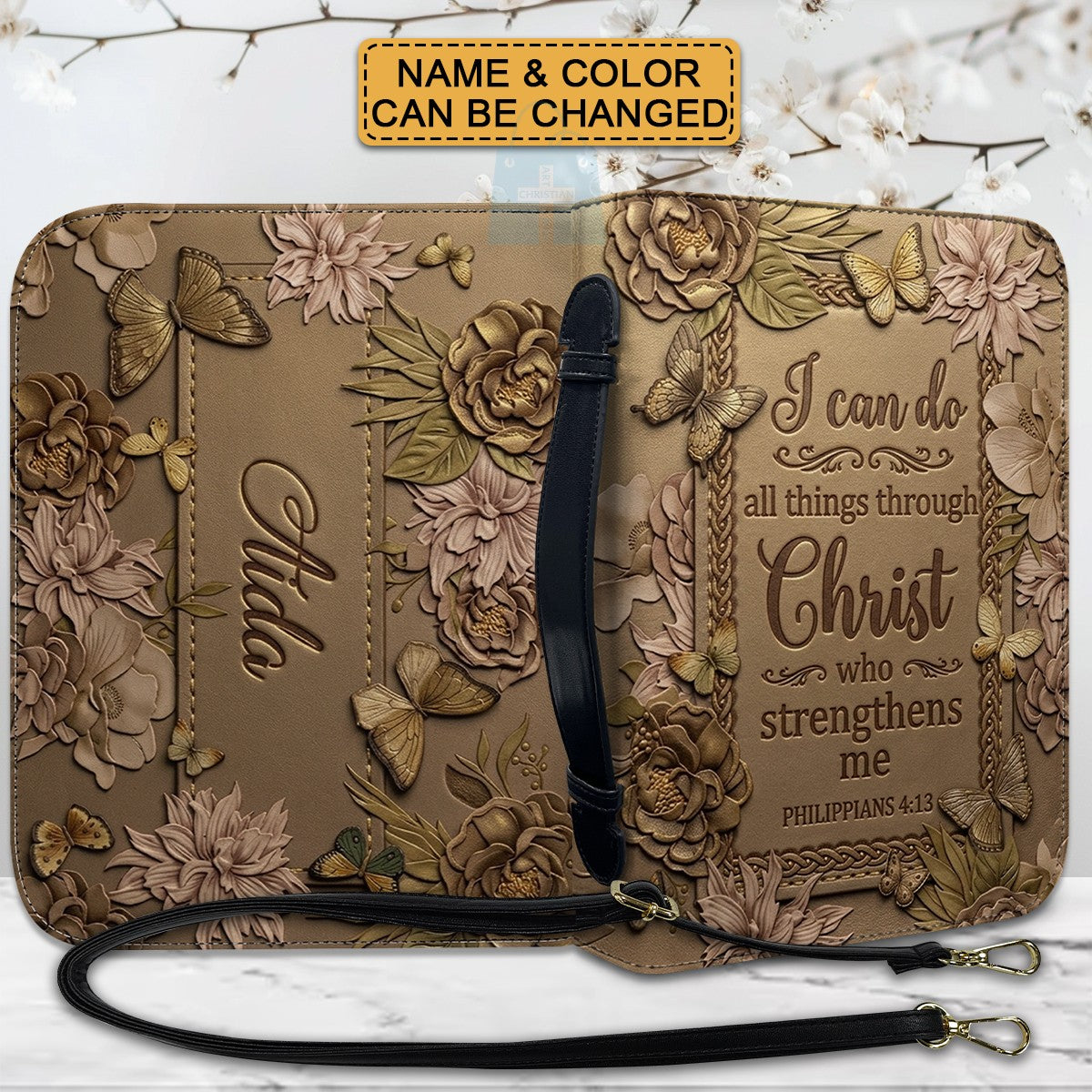 CHRISTIANARTBAG Personalized Leather Handbag - Custom Name & Color Floral Christian Bible Cover Crossbody Purse with Philippians 4:13 Scripture CAB01092526