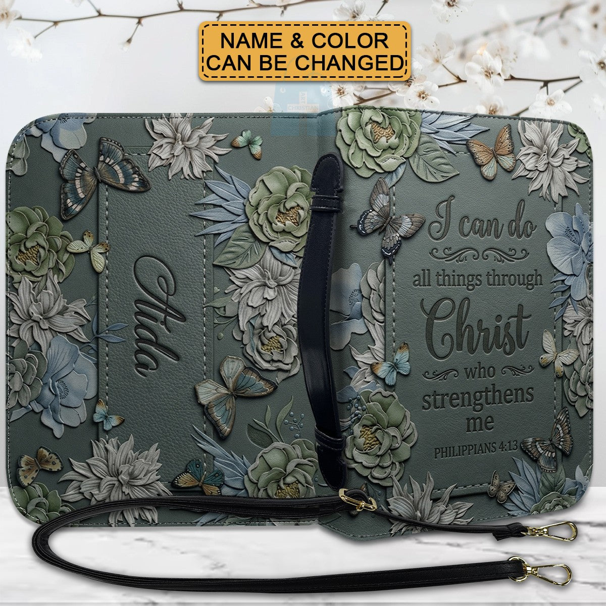 CHRISTIANARTBAG Personalized Leather Handbag - Custom Name & Color Floral Christian Bible Cover Crossbody Purse with Philippians 4:13 Scripture CAB01092526