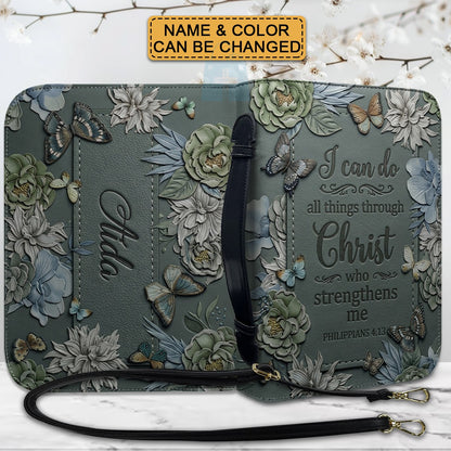 CHRISTIANARTBAG Personalized Leather Handbag - Custom Name & Color Floral Christian Bible Cover Crossbody Purse with Philippians 4:13 Scripture CAB01092526