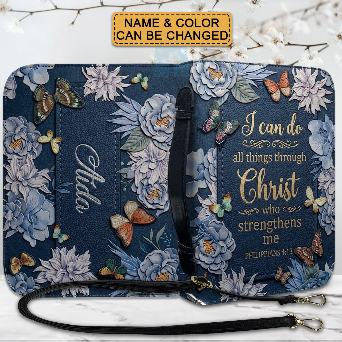 CHRISTIANARTBAG Personalized Leather Handbag - Custom Name & Color Floral Christian Bible Cover Crossbody Purse with Philippians 4:13 Scripture CAB01092526