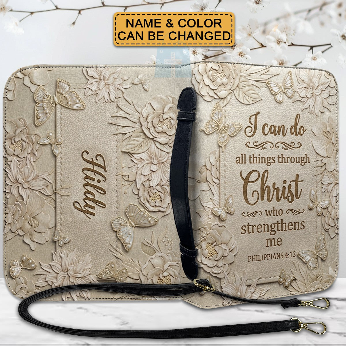 CHRISTIANARTBAG Personalized Leather Handbag - Custom Name & Color Floral Christian Bible Cover Crossbody Purse with Philippians 4:13 Scripture CAB01092526
