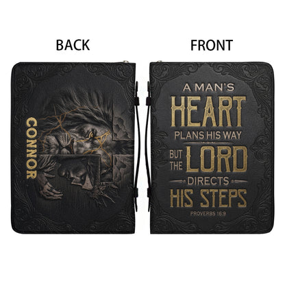 Personalized Bible Cover for Men - Proverbs 16:9 Custom Name Leather Bible Case with Handle | CHRISTIANARTBAG