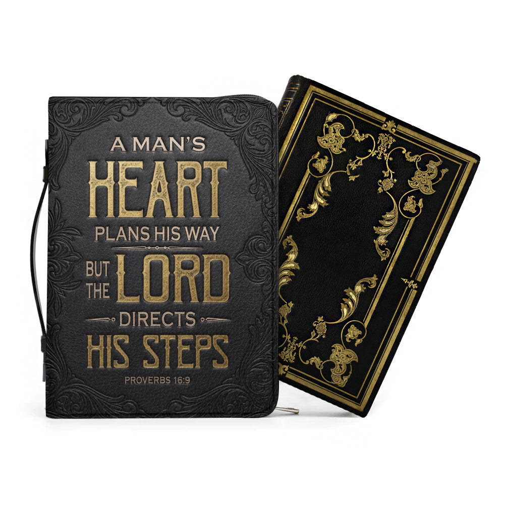 Personalized Bible Cover for Men - Proverbs 16:9 Custom Name Leather Bible Case with Handle | CHRISTIANARTBAG