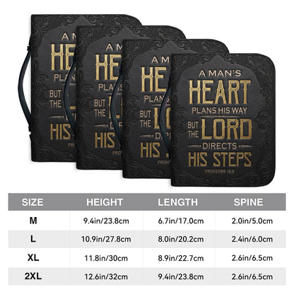 Personalized Bible Cover for Men - Proverbs 16:9 Custom Name Leather Bible Case with Handle | CHRISTIANARTBAG