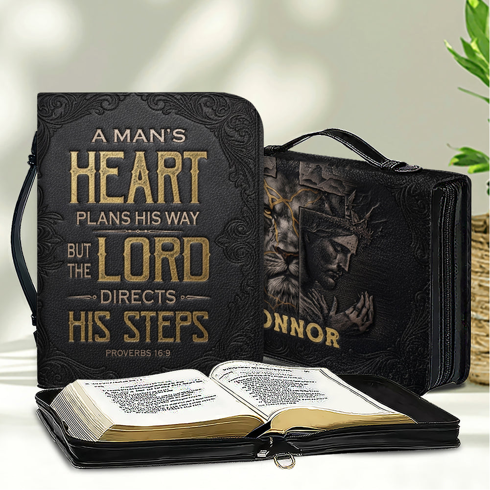 Personalized Bible Cover for Men - Proverbs 16:9 Custom Name Leather Bible Case with Handle | CHRISTIANARTBAG