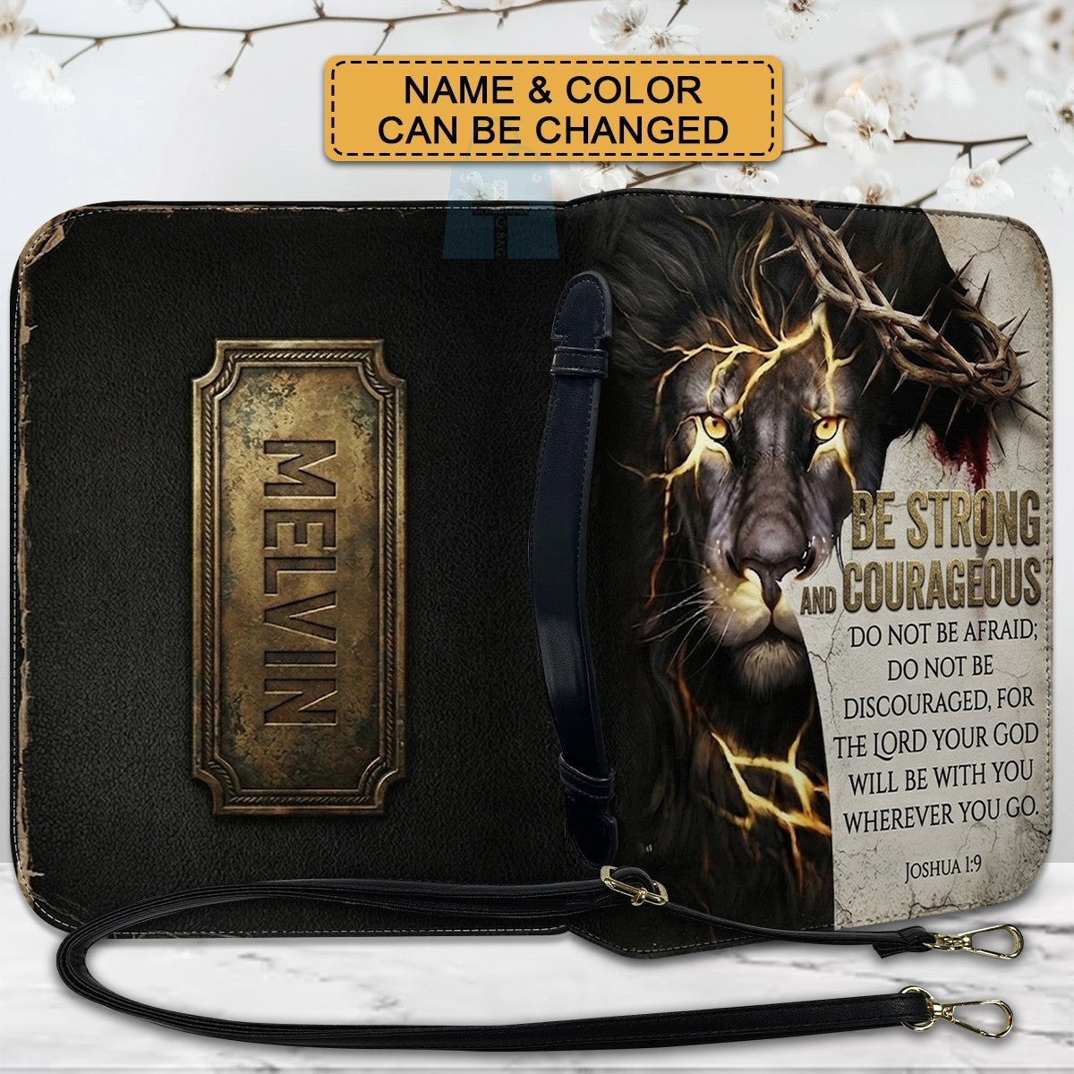 Personalized Lion Bible Cover with Name - Be Strong and Courageous Custom Leather Bible Carrying Bag Case for Men - CHRISTIANARTBAG 01081826