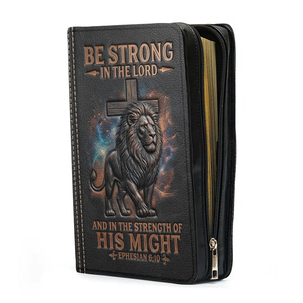 Personalized Leather Bible Cover with Handle - Lion & Cross Be Strong in the Lord Ephesians 6:10 - Custom Name & Color - CHRISTIANARTBAG