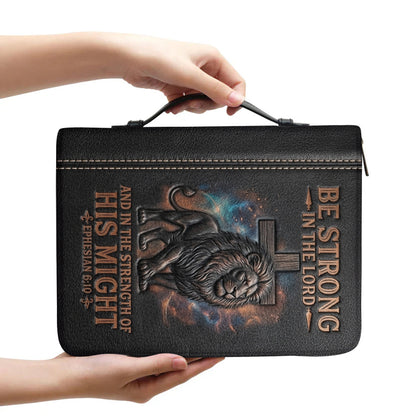 Personalized Leather Bible Cover with Handle - Lion & Cross Be Strong in the Lord Ephesians 6:10 - Custom Name & Color - CHRISTIANARTBAG