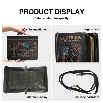 Personalized Leather Bible Cover with Handle - Lion & Cross Be Strong in the Lord Ephesians 6:10 - Custom Name & Color - CHRISTIANARTBAG