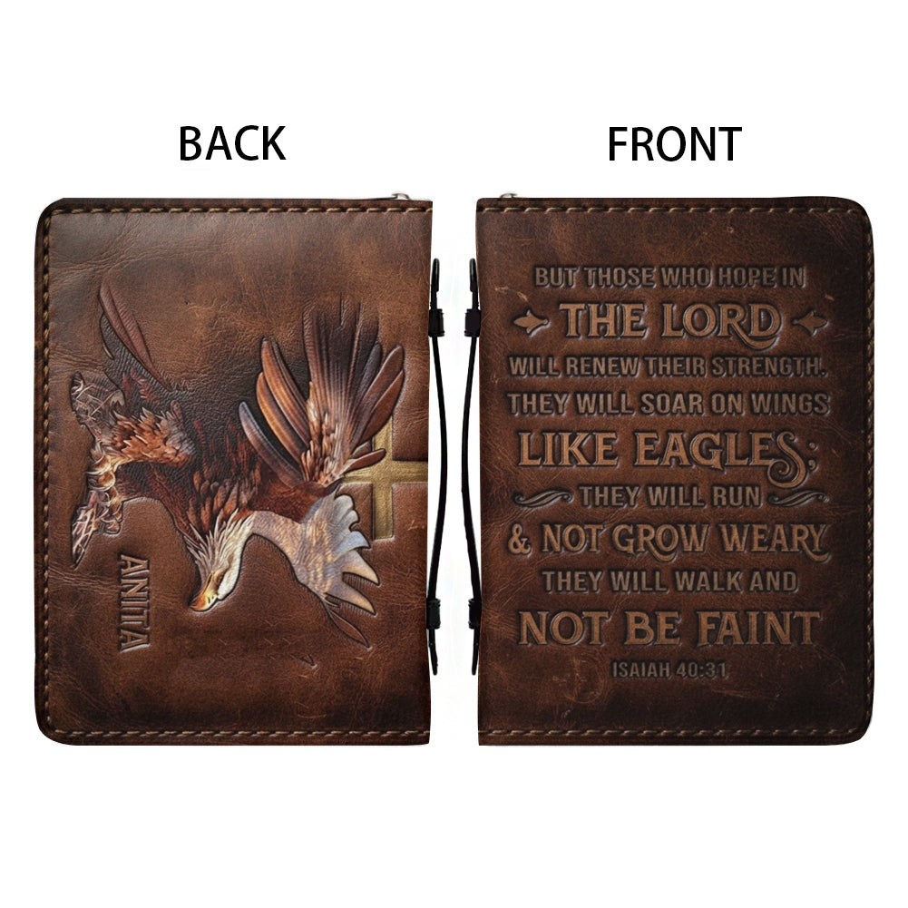 Personalized Leather Bible Cover with Handle, Engraved Isaiah 40:31 - CHRISTIANARTBAG