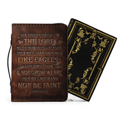 Personalized Leather Bible Cover with Handle, Engraved Isaiah 40:31 - CHRISTIANARTBAG