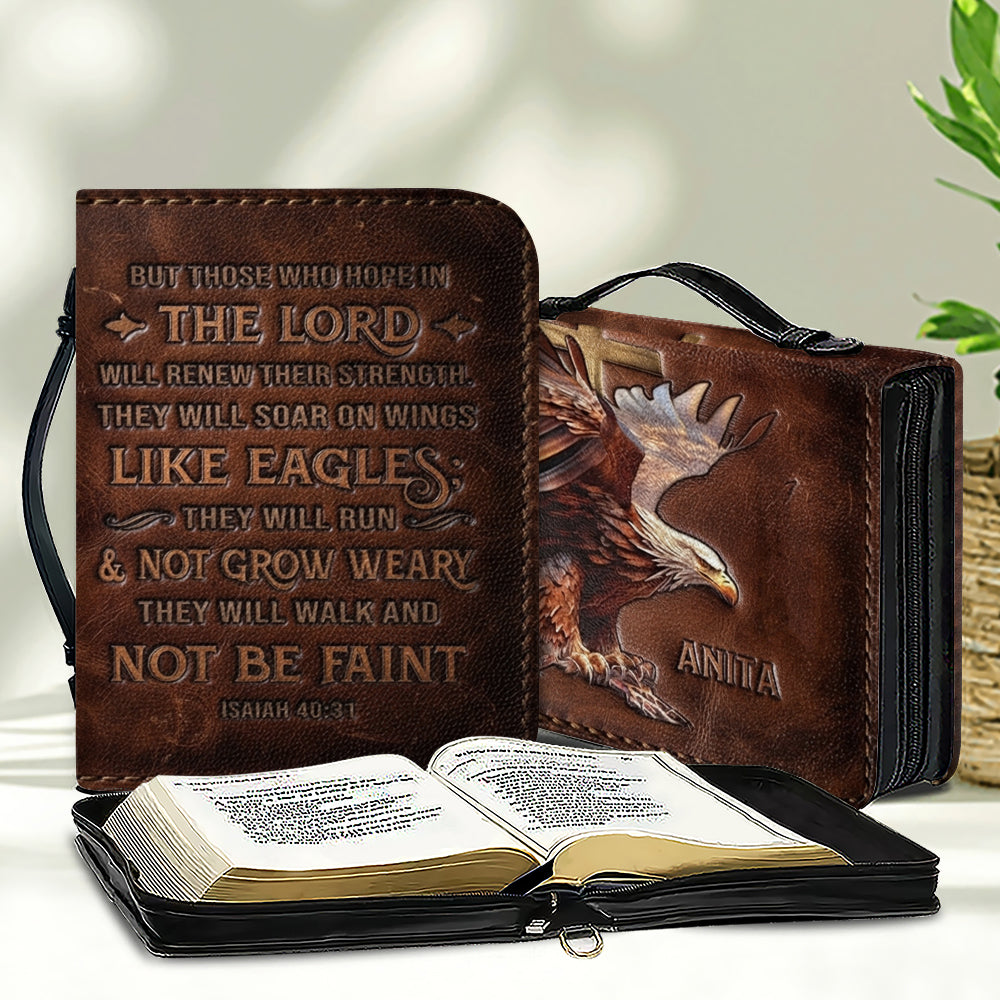 Personalized Leather Bible Cover with Handle, Engraved Isaiah 40:31 - CHRISTIANARTBAG