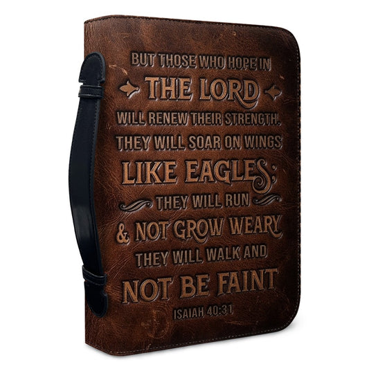 Personalized Leather Bible Cover with Handle, Engraved Isaiah 40:31 - CHRISTIANARTBAG