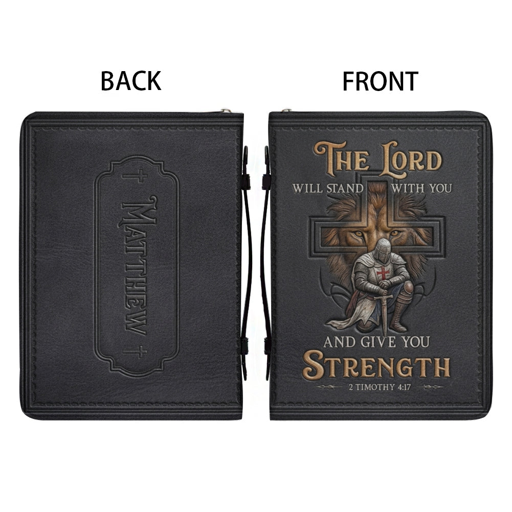 CHRISTIANARTBAG Personalized Leather Bible Cover for Men - Divine Lion & Knight 2 Timothy 4:17 Custom Name Bible Case
