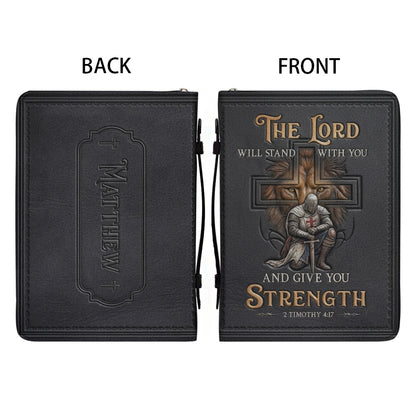 CHRISTIANARTBAG Personalized Leather Bible Cover for Men - Divine Lion & Knight 2 Timothy 4:17 Custom Name Bible Case