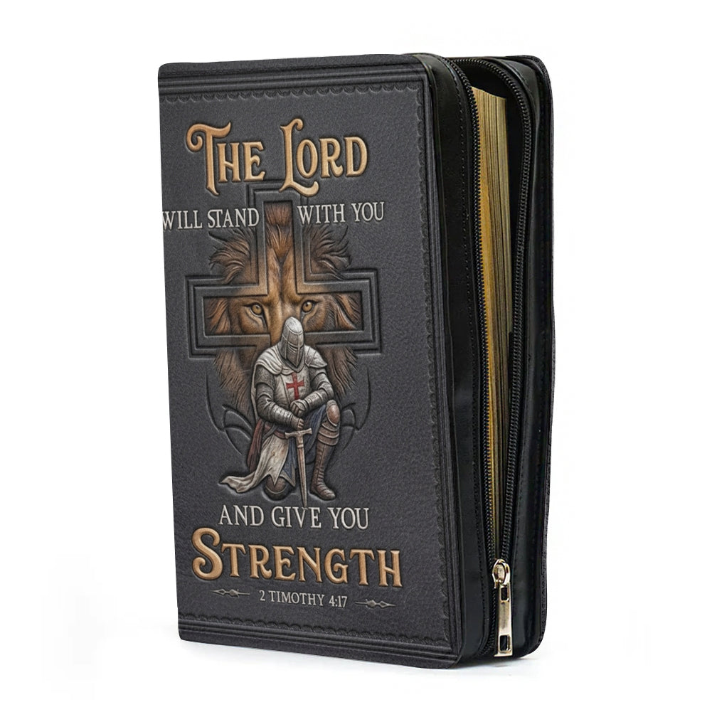 CHRISTIANARTBAG Personalized Leather Bible Cover for Men - Divine Lion & Knight 2 Timothy 4:17 Custom Name Bible Case